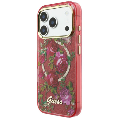 MagSafe-deksel for Apple iPhone 18 Pro Max / 17 Pro Max, Guess, IML Glitter Blossom Roses, Burgunder