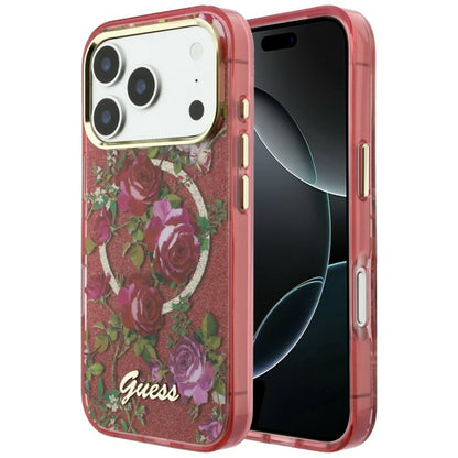 MagSafe-deksel for Apple iPhone 18 Pro Max / 17 Pro Max, Guess, IML Glitter Blossom Roses, Burgunder