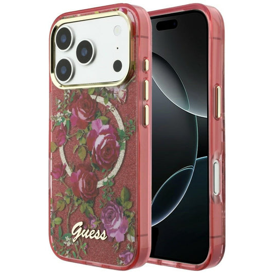 MagSafe-deksel for Apple iPhone 18 Pro Max / 17 Pro Max, Guess, IML Glitter Blossom Roses, Burgunder