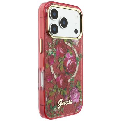 MagSafe-deksel for Apple iPhone 18 Pro Max / 17 Pro Max, Guess, IML Glitter Blossom Roses, Burgunder