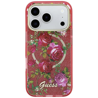 MagSafe-deksel for Apple iPhone 18 Pro Max / 17 Pro Max, Guess, IML Glitter Blossom Roses, Burgunder