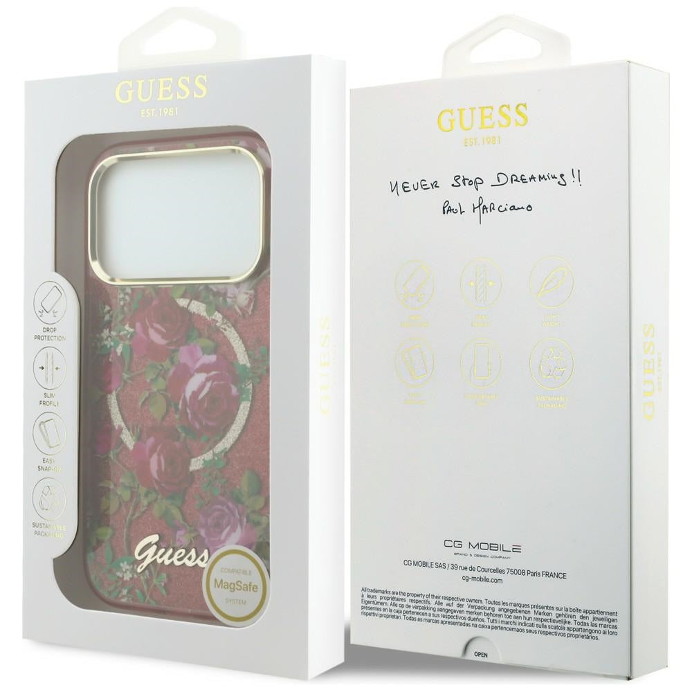MagSafe-deksel for Apple iPhone 18 Pro Max / 17 Pro Max, Guess, IML Glitter Blossom Roses, Burgunder