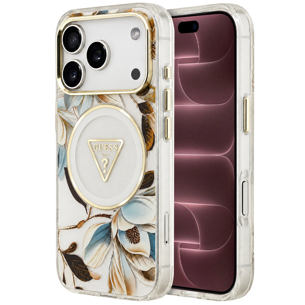 MagSafe-deksel til Apple iPhone 18 Pro Max / 17 Pro Max, Guess, IML Metal Glitter Flowers Triangle, hvit