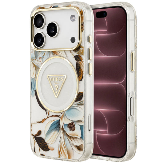 MagSafe-deksel til Apple iPhone 18 Pro Max / 17 Pro Max, Guess, IML Metal Glitter Flowers Triangle, hvit