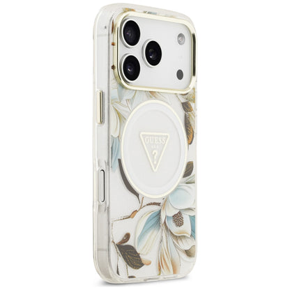 MagSafe-deksel til Apple iPhone 18 Pro Max / 17 Pro Max, Guess, IML Metal Glitter Flowers Triangle, hvit