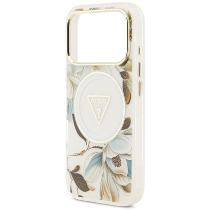 MagSafe-deksel til Apple iPhone 18 Pro Max / 17 Pro Max, Guess, IML Metal Glitter Flowers Triangle, hvit