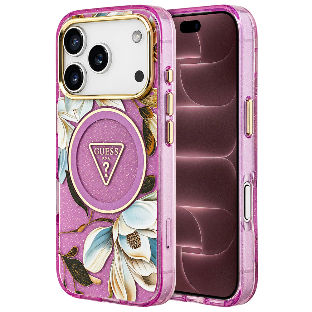 MagSafe-deksel til Apple iPhone 18 Pro Max / 17 Pro Max, Guess, IML Metal Glitter Flowers Triangle, lilla