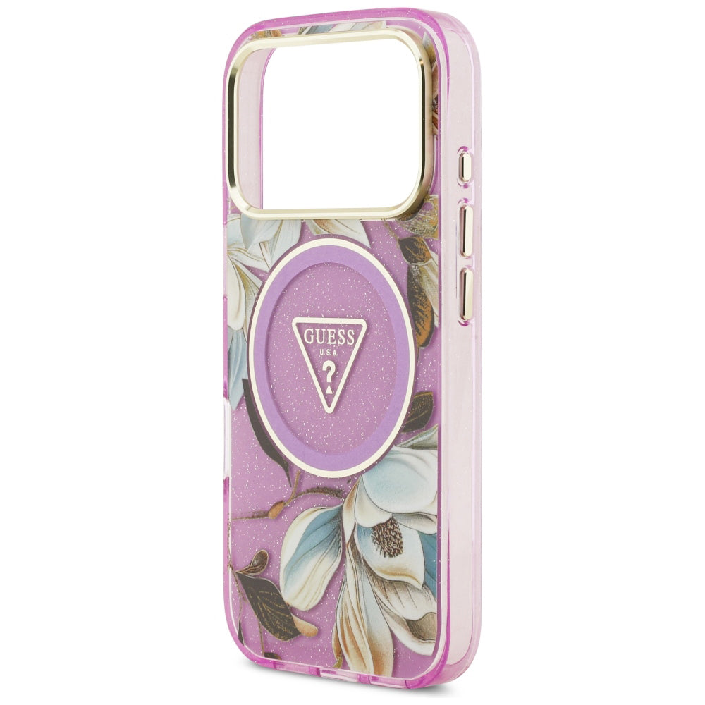MagSafe-deksel til Apple iPhone 18 Pro Max / 17 Pro Max, Guess, IML Metal Glitter Flowers Triangle, lilla