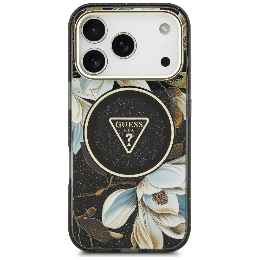 MagSafe-deksel til Apple iPhone 18 Pro Max / 17 Pro Max, Guess, IML Metal Glitter Flowers Triangle, svart