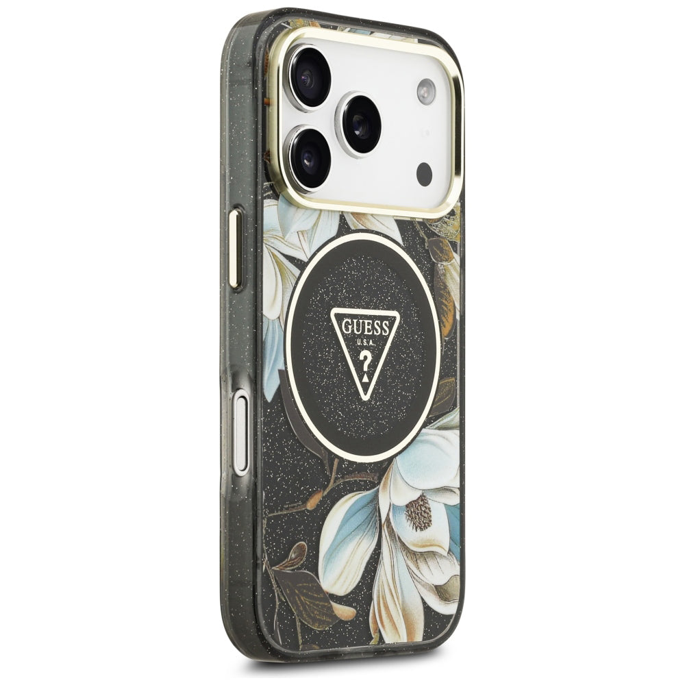 MagSafe-deksel til Apple iPhone 18 Pro Max / 17 Pro Max, Guess, IML Metal Glitter Flowers Triangle, svart