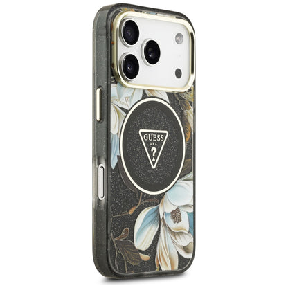 MagSafe-deksel til Apple iPhone 18 Pro Max / 17 Pro Max, Guess, IML Metal Glitter Flowers Triangle, svart