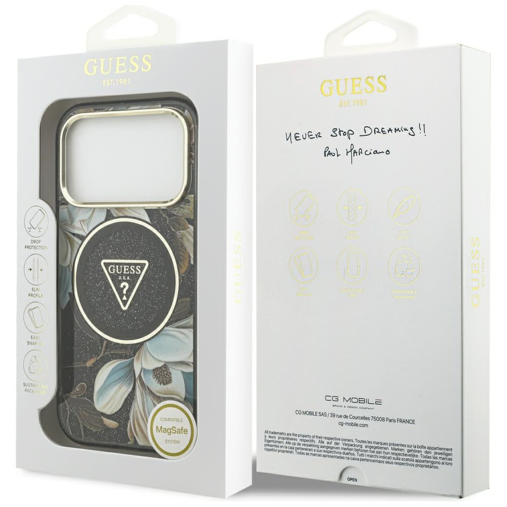 MagSafe-deksel til Apple iPhone 18 Pro Max / 17 Pro Max, Guess, IML Metal Glitter Flowers Triangle, svart