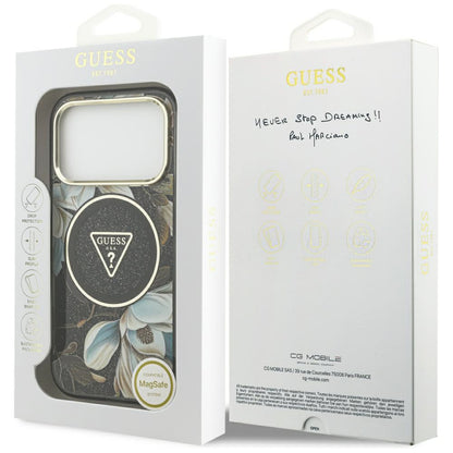 MagSafe-deksel til Apple iPhone 18 Pro Max / 17 Pro Max, Guess, IML Metal Glitter Flowers Triangle, svart