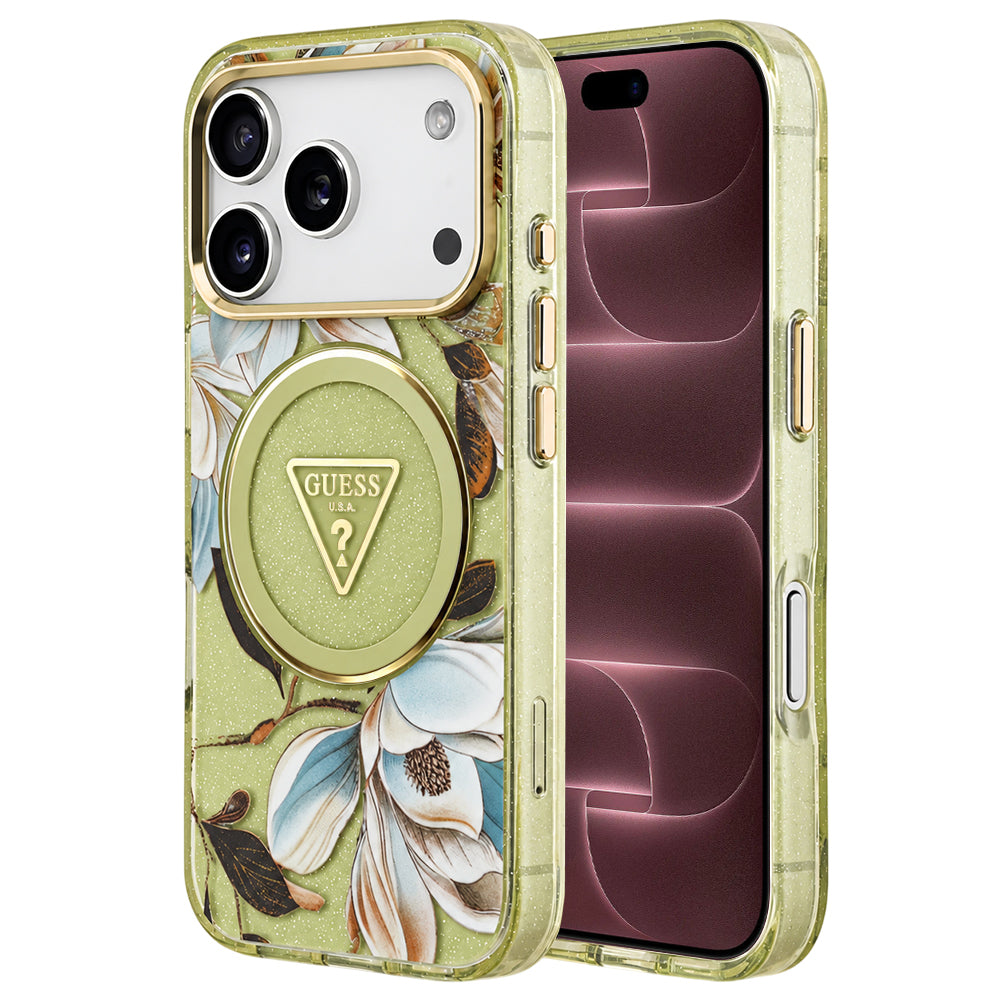 MagSafe-deksel til Apple iPhone 18 Pro Max / 17 Pro Max, Guess, IML Metal Glitter Flowers Triangle, grønn