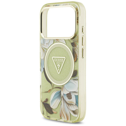 MagSafe-deksel til Apple iPhone 18 Pro Max / 17 Pro Max, Guess, IML Metal Glitter Flowers Triangle, grønn