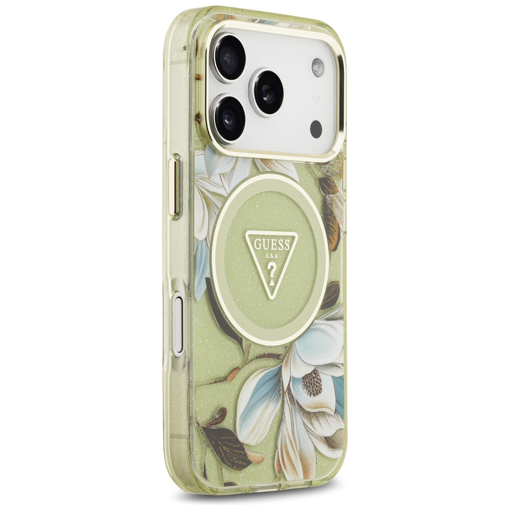 MagSafe-deksel til Apple iPhone 18 Pro Max / 17 Pro Max, Guess, IML Metal Glitter Flowers Triangle, grønn