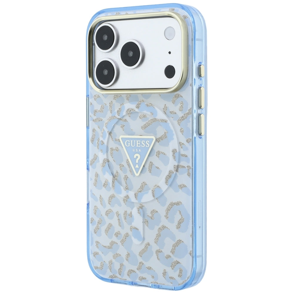 MagSafe-deksel for Apple iPhone 18 Pro Max / 17 Pro Max, Guess, Leopard Glitter Triangle Logo, Blå