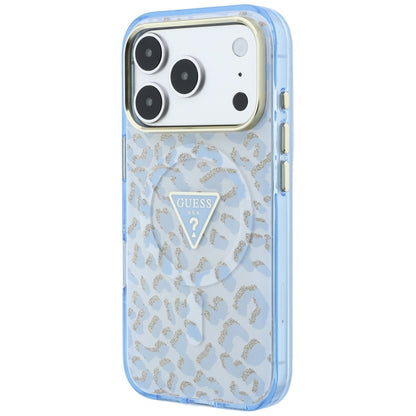 MagSafe-deksel for Apple iPhone 18 Pro Max / 17 Pro Max, Guess, Leopard Glitter Triangle Logo, Blå