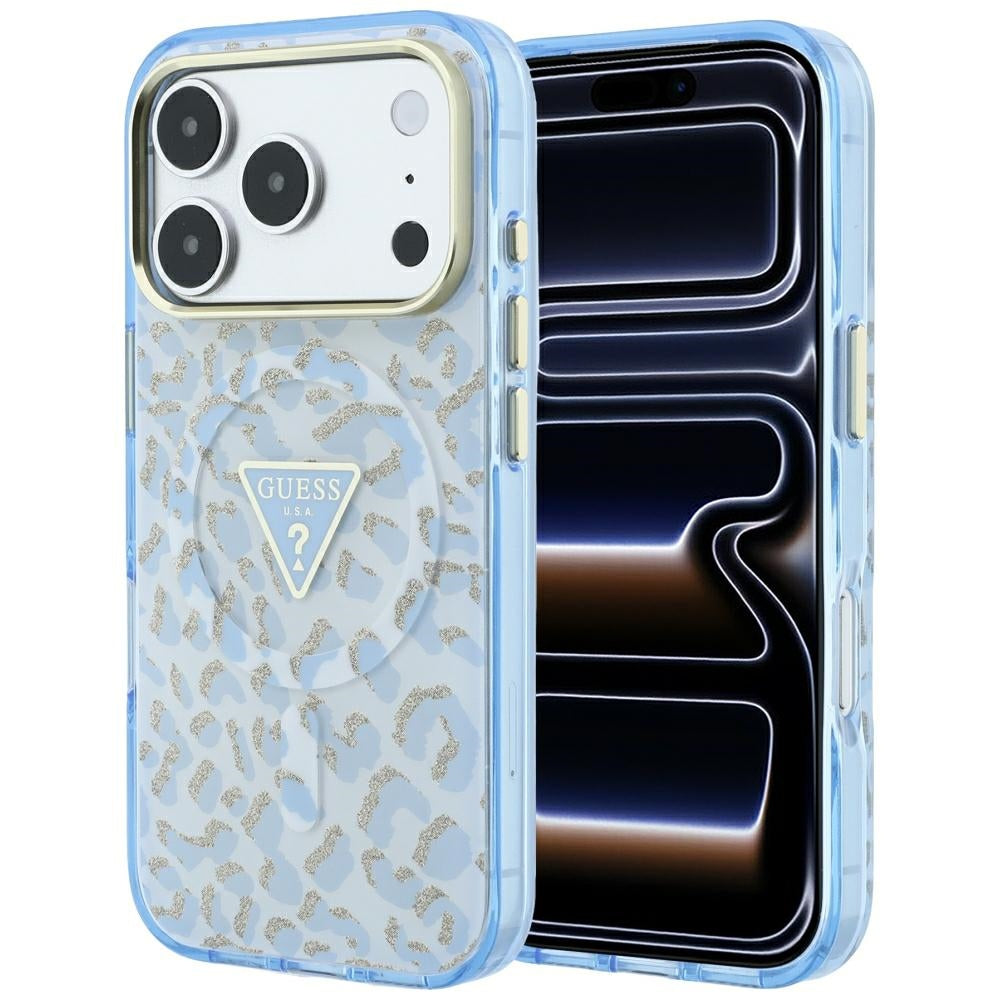 MagSafe-deksel for Apple iPhone 18 Pro Max / 17 Pro Max, Guess, Leopard Glitter Triangle Logo, Blå
