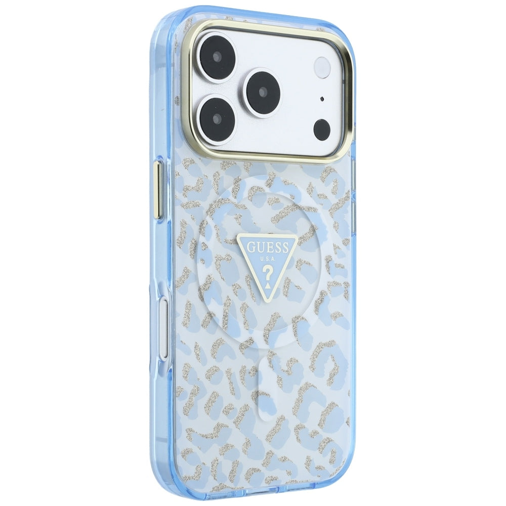 MagSafe-deksel for Apple iPhone 18 Pro Max / 17 Pro Max, Guess, Leopard Glitter Triangle Logo, Blå
