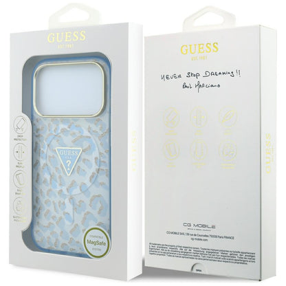 MagSafe-deksel for Apple iPhone 18 Pro Max / 17 Pro Max, Guess, Leopard Glitter Triangle Logo, Blå