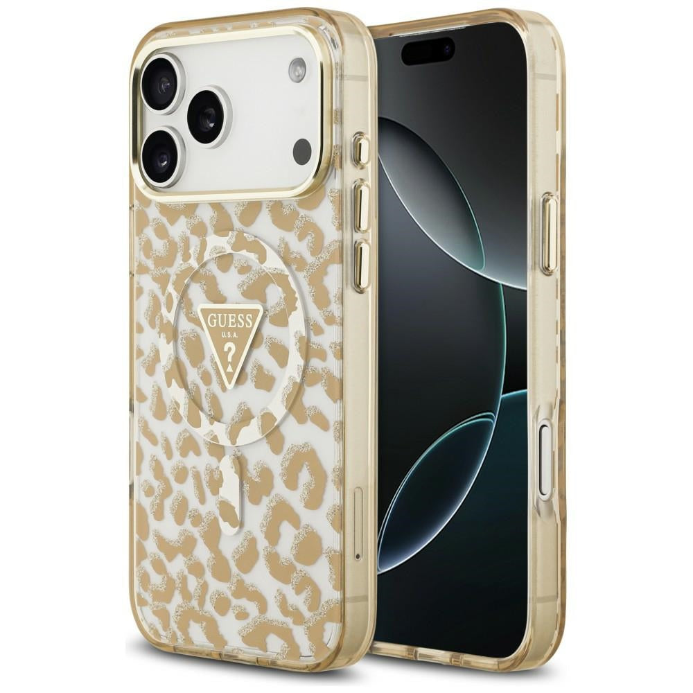 MagSafe-deksel for Apple iPhone 18 Pro Max / 17 Pro Max, Guess, Leopard Glitter Triangle Logo, Brun