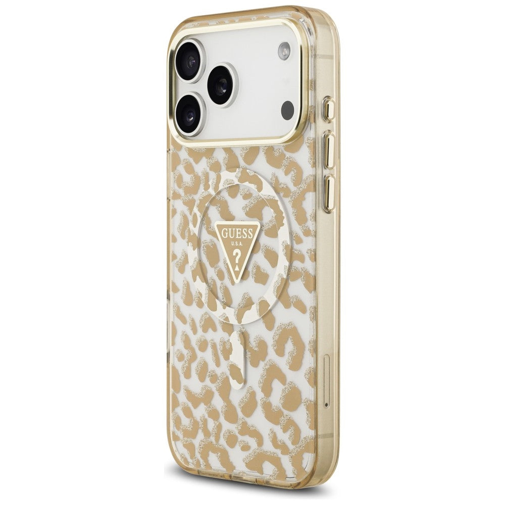MagSafe-deksel for Apple iPhone 18 Pro Max / 17 Pro Max, Guess, Leopard Glitter Triangle Logo, Brun