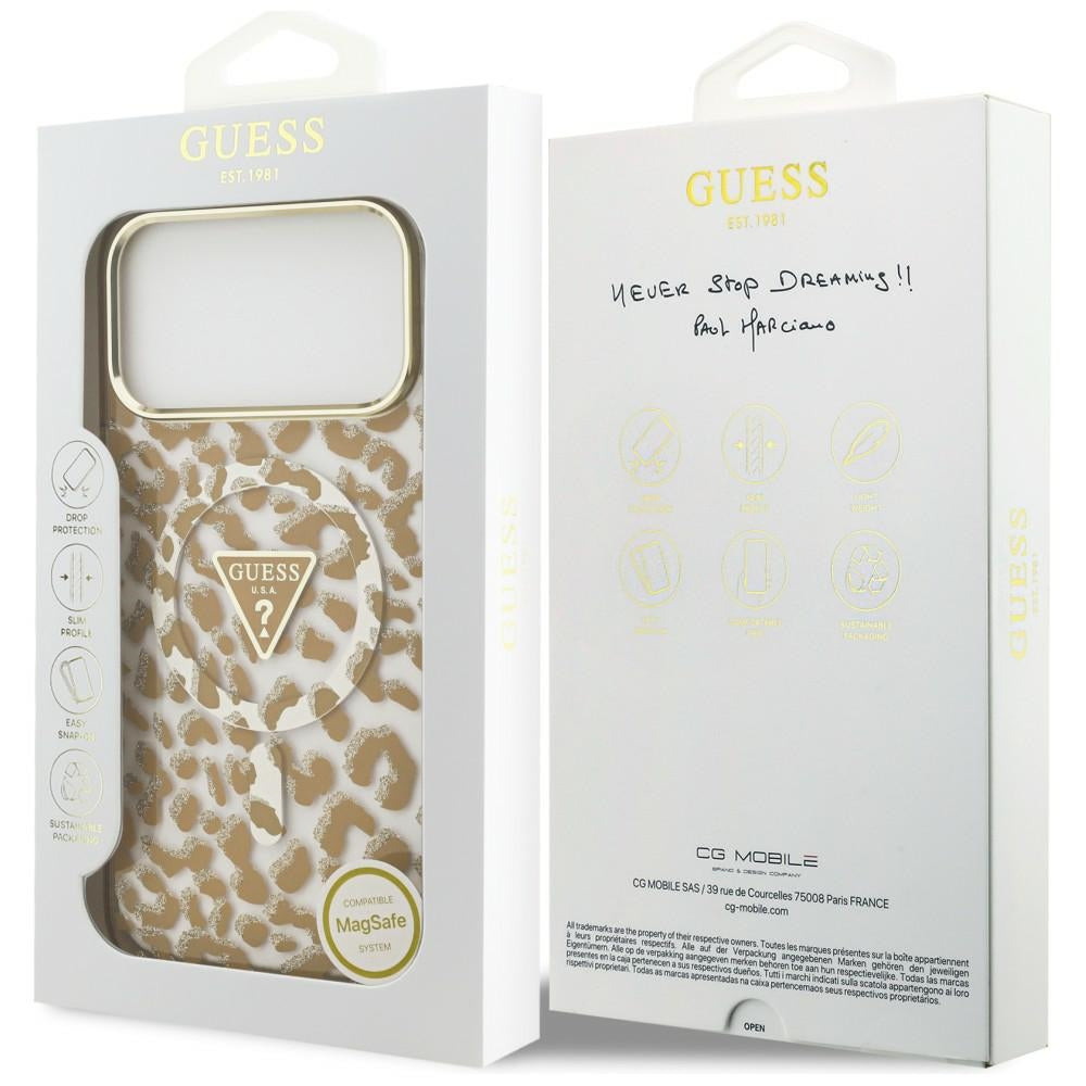 MagSafe-deksel for Apple iPhone 18 Pro Max / 17 Pro Max, Guess, Leopard Glitter Triangle Logo, Brun