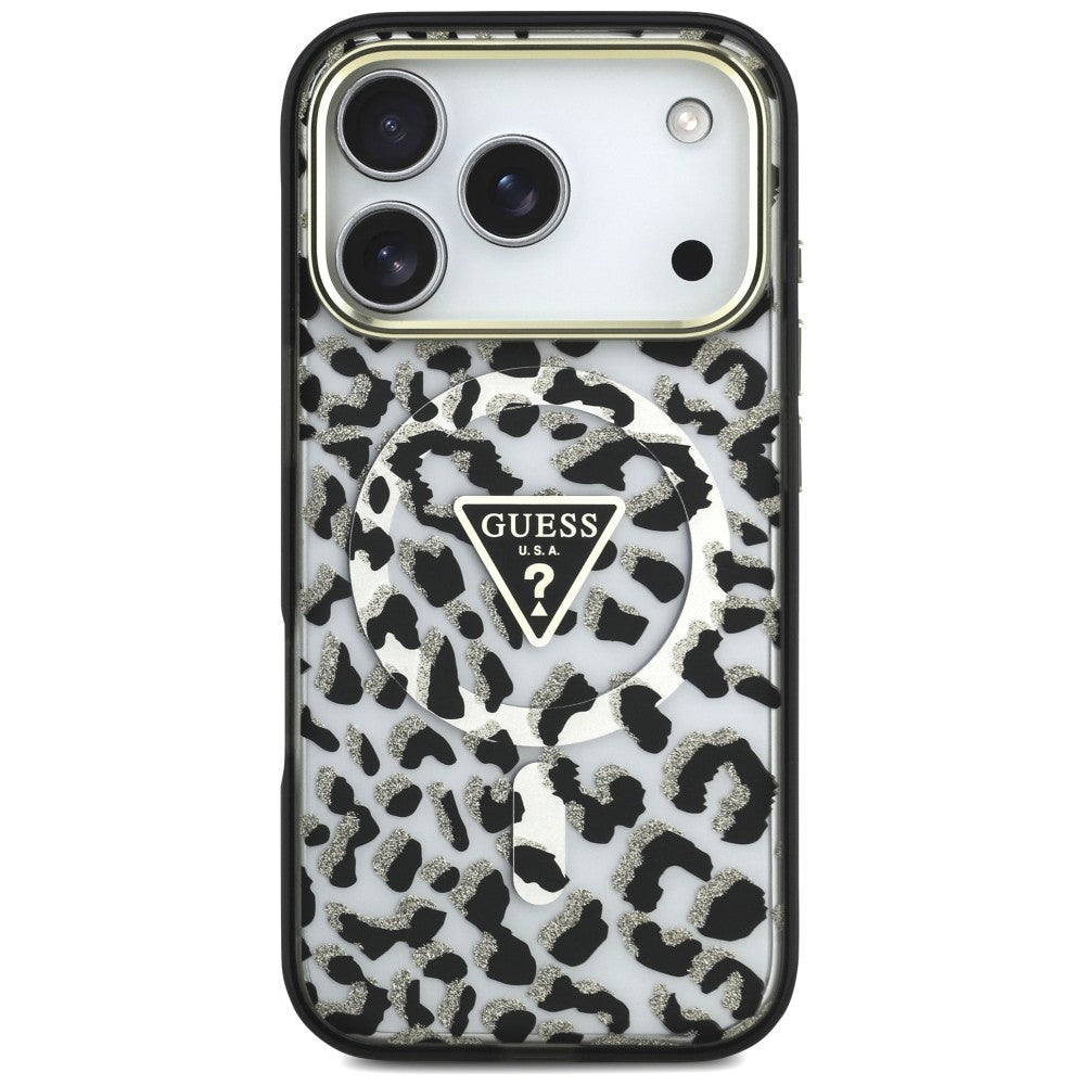 MagSafe-deksel for Apple iPhone 18 Pro Max / 17 Pro Max, Guess, Leopard Glitter Triangle Logo, Svart