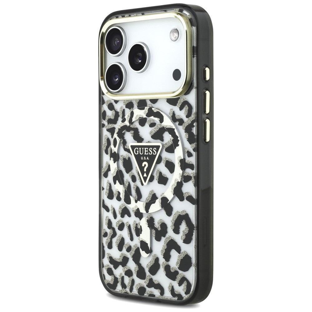 MagSafe-deksel for Apple iPhone 18 Pro Max / 17 Pro Max, Guess, Leopard Glitter Triangle Logo, Svart