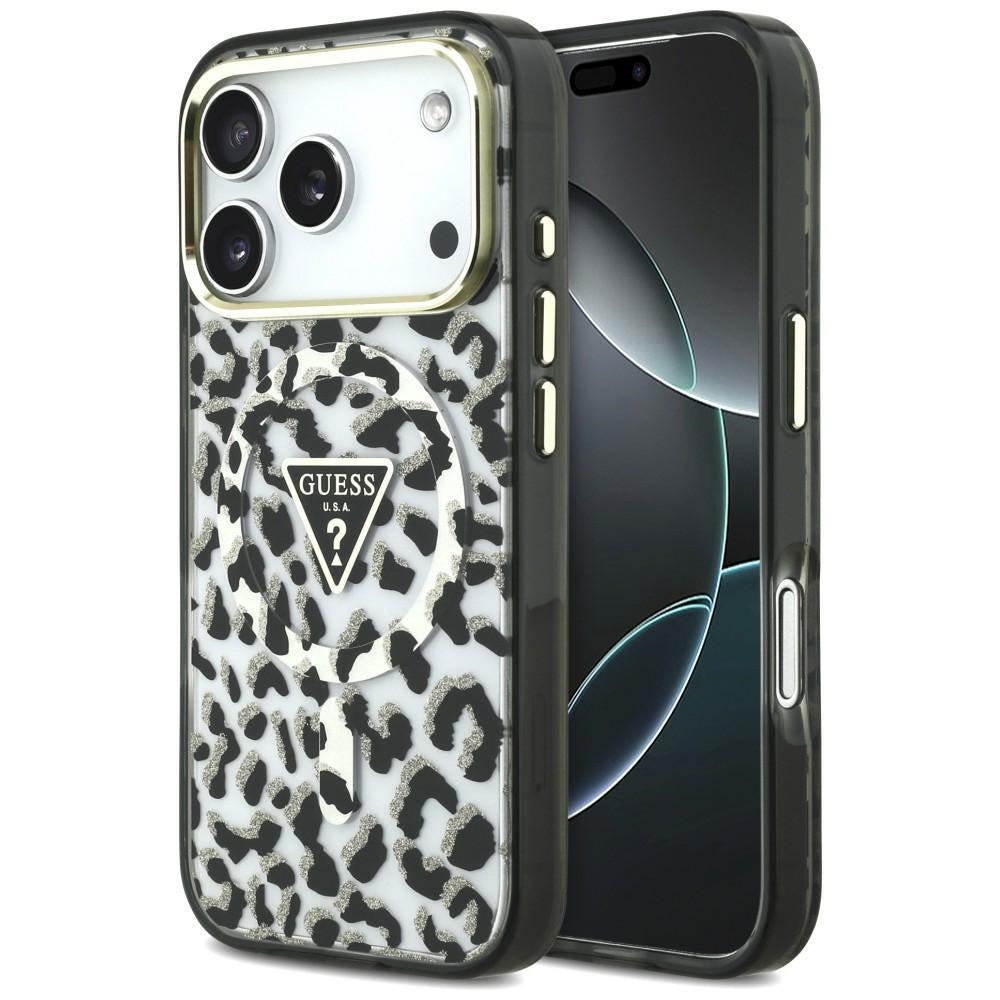 MagSafe-deksel for Apple iPhone 18 Pro Max / 17 Pro Max, Guess, Leopard Glitter Triangle Logo, Svart