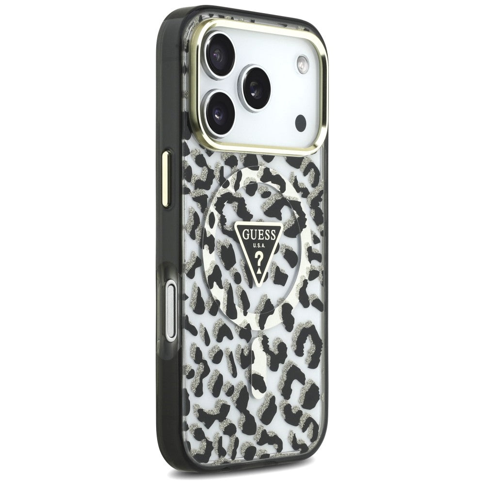 MagSafe-deksel for Apple iPhone 18 Pro Max / 17 Pro Max, Guess, Leopard Glitter Triangle Logo, Svart