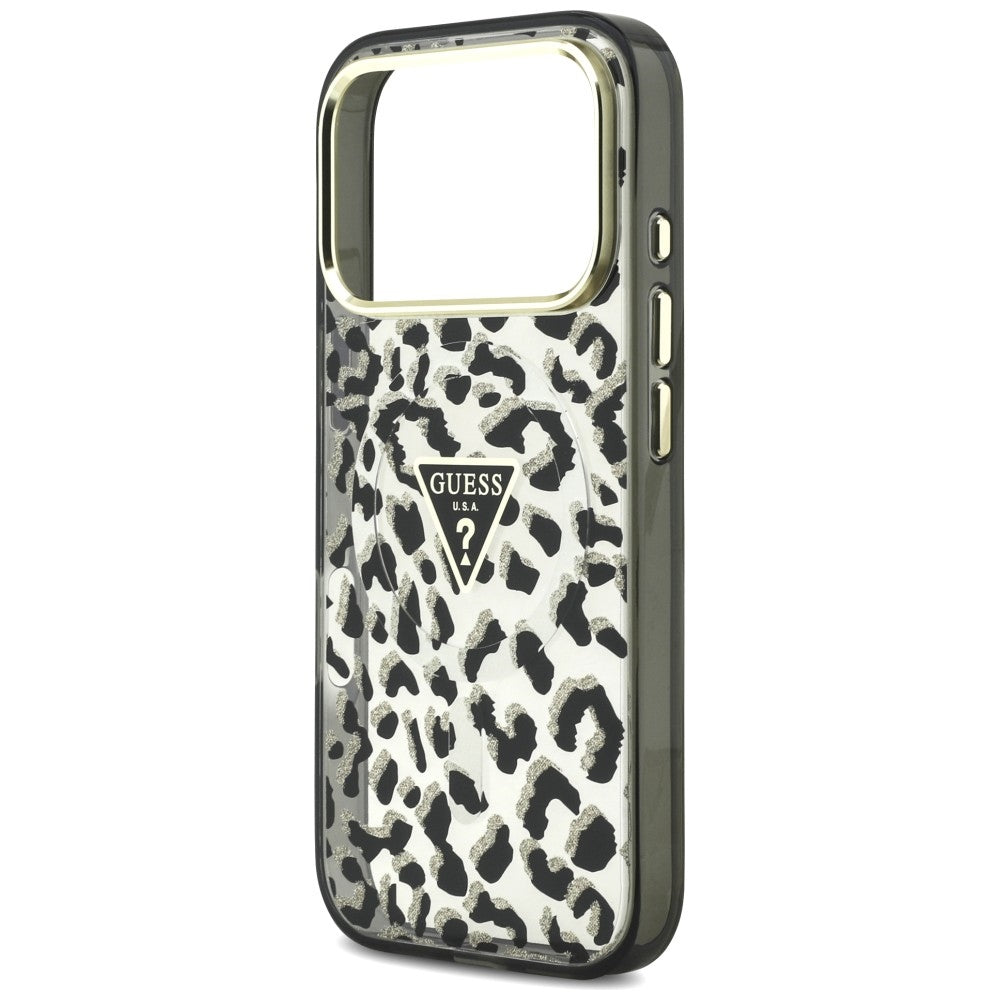 MagSafe-deksel for Apple iPhone 18 Pro Max / 17 Pro Max, Guess, Leopard Glitter Triangle Logo, Svart