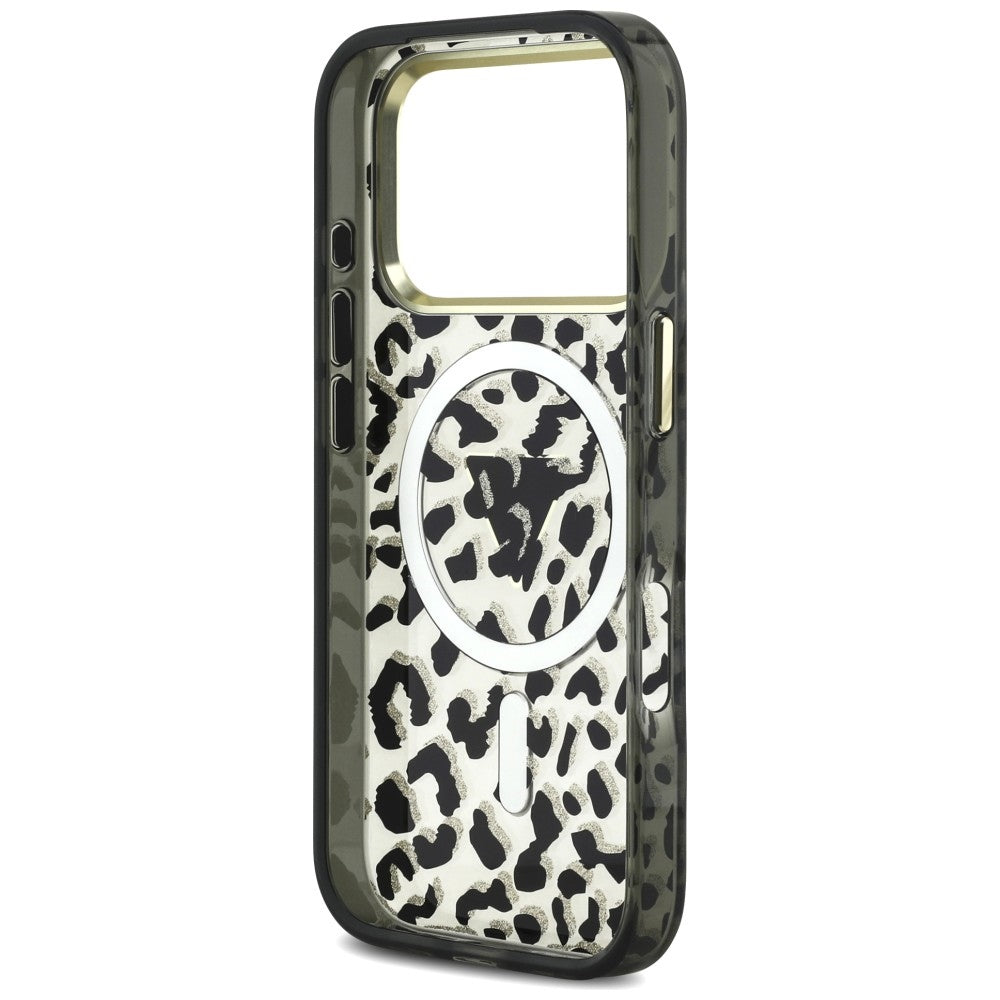 MagSafe-deksel for Apple iPhone 18 Pro Max / 17 Pro Max, Guess, Leopard Glitter Triangle Logo, Svart