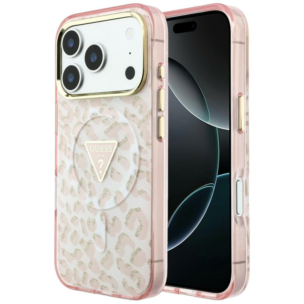 MagSafe-deksel for Apple iPhone 18 Pro Max / 17 Pro Max, Guess, Leopard Glitter Triangle Logo, Rosa
