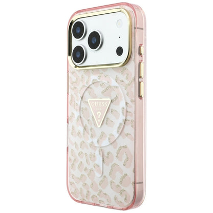 MagSafe-deksel for Apple iPhone 18 Pro Max / 17 Pro Max, Guess, Leopard Glitter Triangle Logo, Rosa