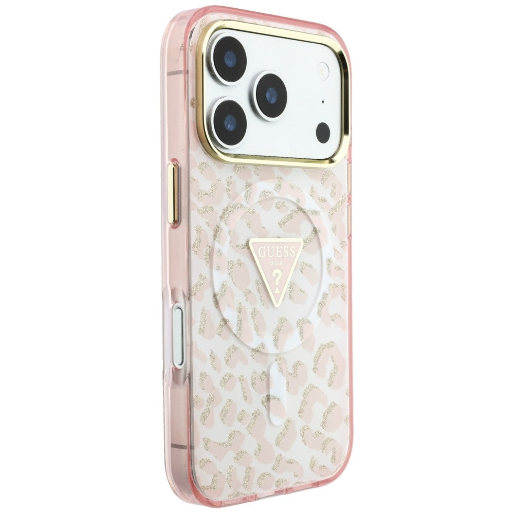 MagSafe-deksel for Apple iPhone 18 Pro Max / 17 Pro Max, Guess, Leopard Glitter Triangle Logo, Rosa