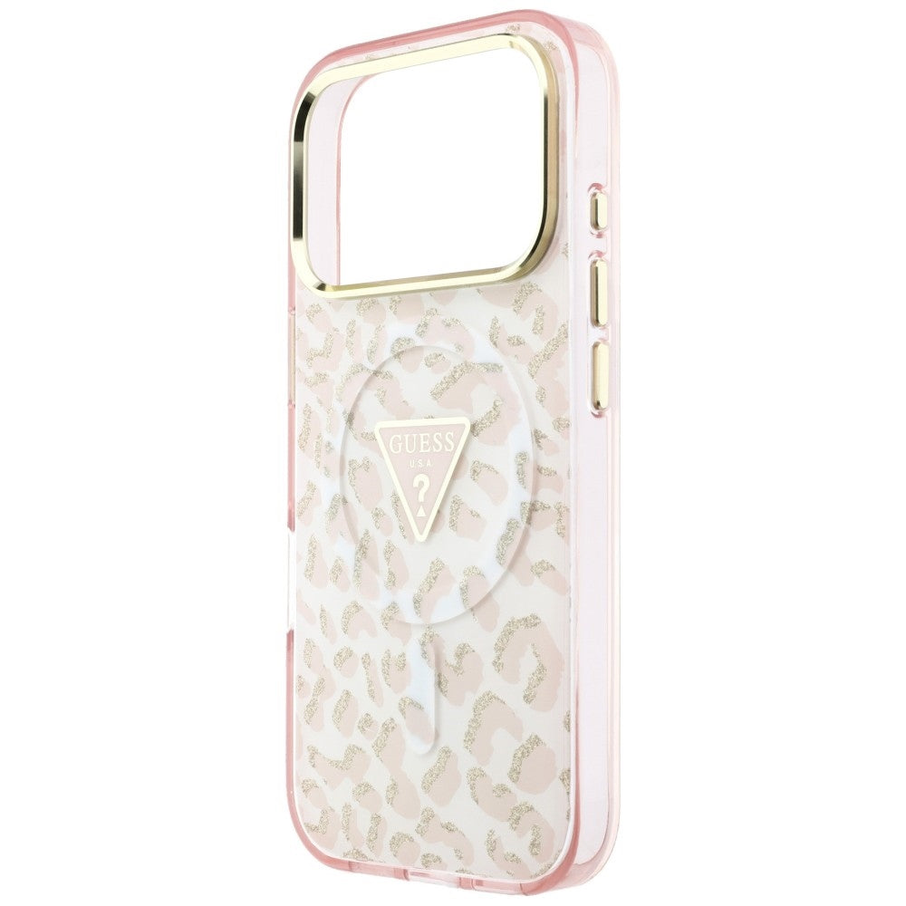 MagSafe-deksel for Apple iPhone 18 Pro Max / 17 Pro Max, Guess, Leopard Glitter Triangle Logo, Rosa