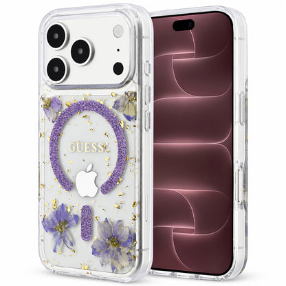 MagSafe-deksel for Apple iPhone 18 Pro Max / 17 Pro Max, Guess, Resin Flowers and Glitter, Lilla