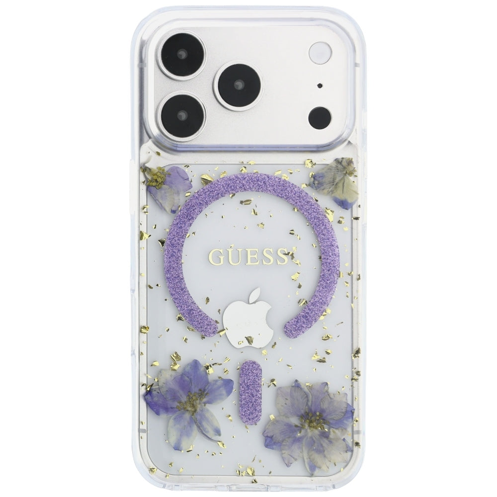 MagSafe-deksel for Apple iPhone 18 Pro Max / 17 Pro Max, Guess, Resin Flowers and Glitter, Lilla
