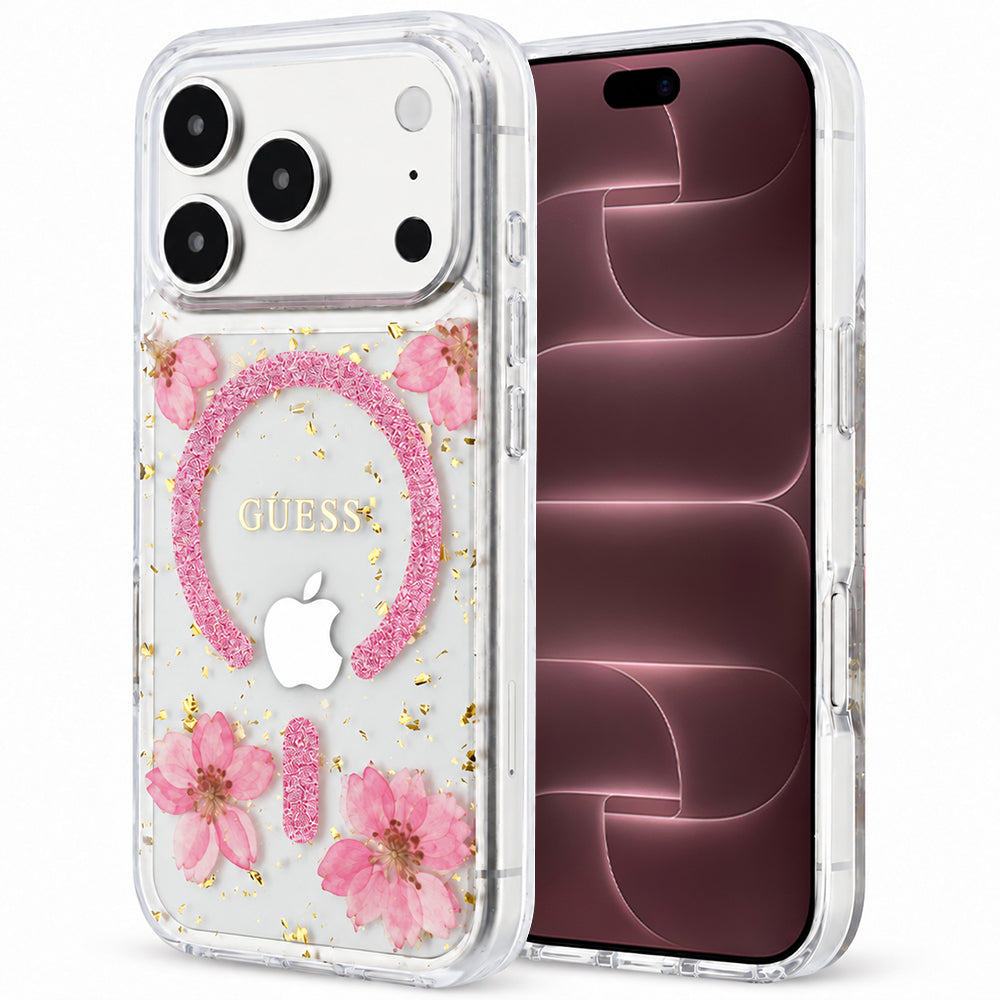 MagSafe-deksel til Apple iPhone 18 Pro Max / 17 Pro Max, Guess, Resin Flowers and Glitter, rosa