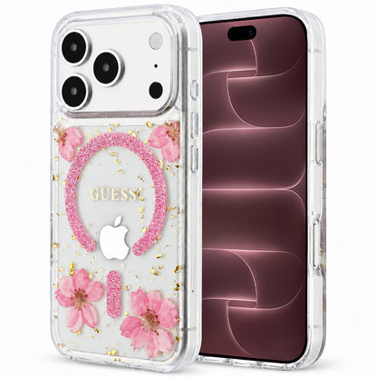 MagSafe-deksel til Apple iPhone 18 Pro Max / 17 Pro Max, Guess, Resin Flowers and Glitter, rosa