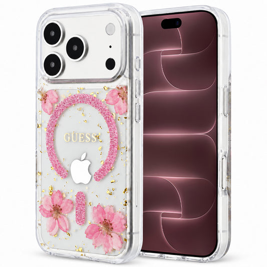 MagSafe-deksel til Apple iPhone 18 Pro Max / 17 Pro Max, Guess, Resin Flowers and Glitter, rosa
