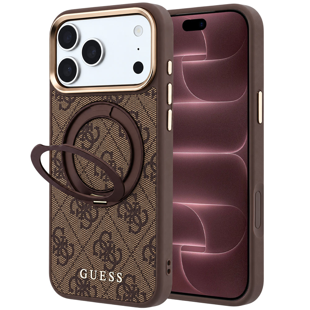 MagSafe-deksel for Apple iPhone 18 Pro Max / 17 Pro Max, Guess, Ring Stand 360 4G Classic Logo, Brun