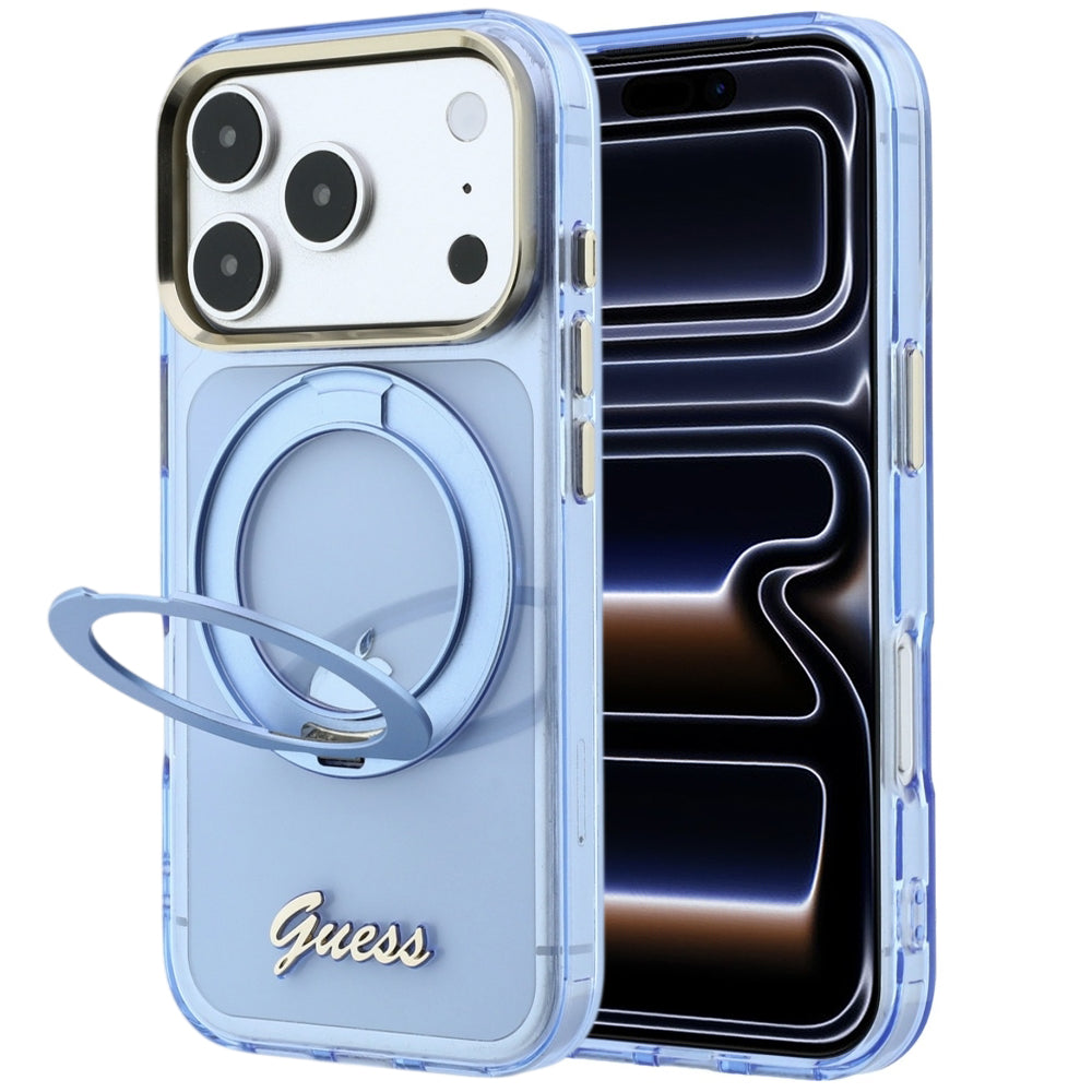 MagSafe-deksel for Apple iPhone 18 Pro Max / 17 Pro Max, Guess, Ring Stand Script Metal Logo, Blå