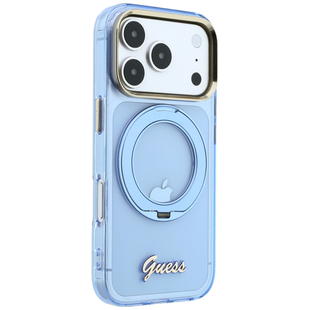 MagSafe-deksel for Apple iPhone 18 Pro Max / 17 Pro Max, Guess, Ring Stand Script Metal Logo, Blå