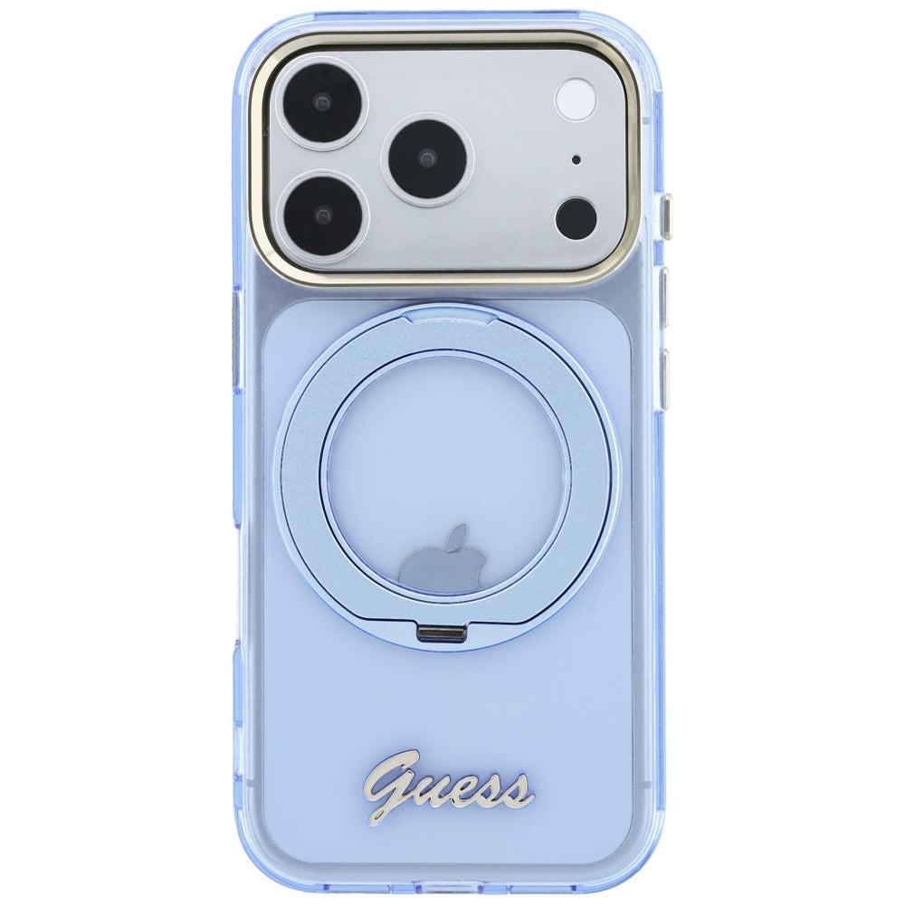 MagSafe-deksel for Apple iPhone 18 Pro Max / 17 Pro Max, Guess, Ring Stand Script Metal Logo, Blå