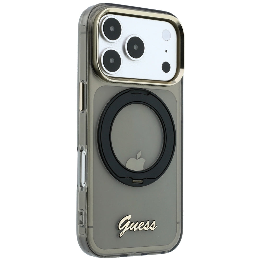 MagSafe-deksel for Apple iPhone 18 Pro Max / 17 Pro Max, Guess, Ring Stand Script Metal Logo, Svart