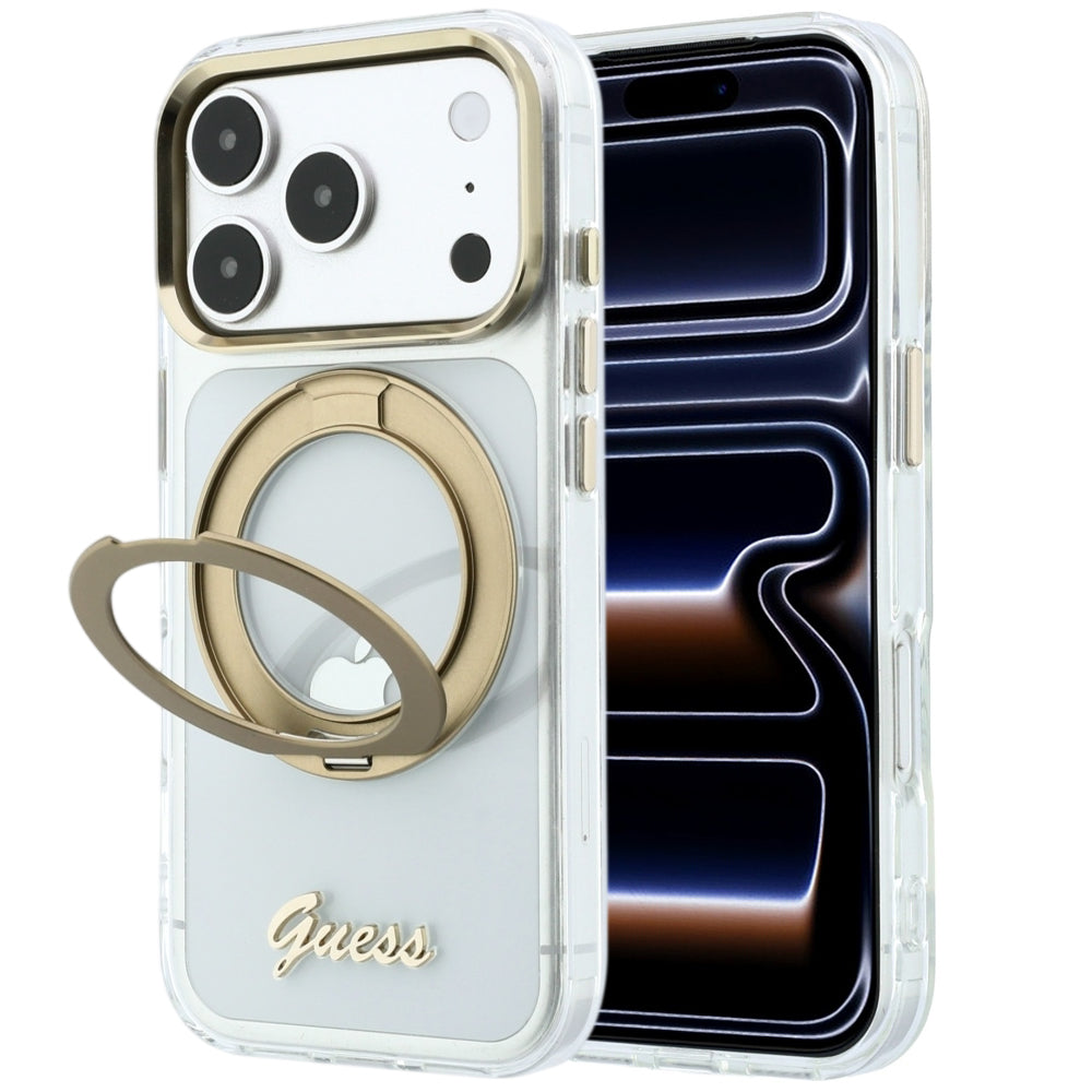 MagSafe-deksel for Apple iPhone 18 Pro Max / 17 Pro Max, Guess, Ring Stand Script Metallogo, Transparent