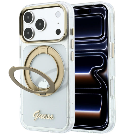 MagSafe-deksel for Apple iPhone 18 Pro Max / 17 Pro Max, Guess, Ring Stand Script Metallogo, Transparent
